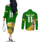 Personalized Australia Soccer Kangaroo Couples Matching Off The Shoulder Long Sleeve Dress and Long Sleeve Button Shirt Aussie Football Mascot Dynamic Sports Graphic