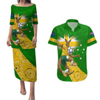 Personalized Australia Soccer Kangaroo Couples Matching Puletasi and Hawaiian Shirt Aussie Football Mascot Dynamic Sports Graphic