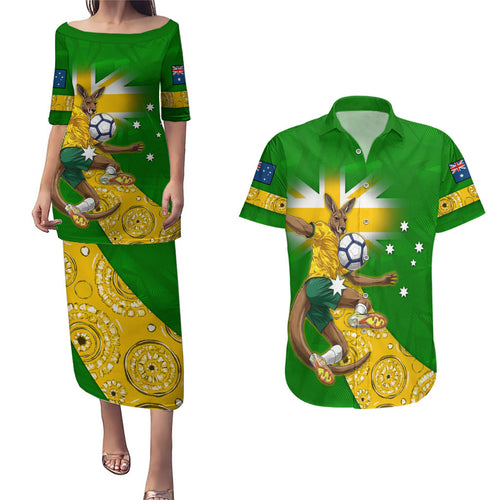Personalized Australia Soccer Kangaroo Couples Matching Puletasi and Hawaiian Shirt Aussie Football Mascot Dynamic Sports Graphic