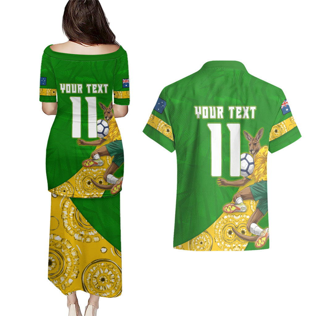 Personalized Australia Soccer Kangaroo Couples Matching Puletasi and Hawaiian Shirt Aussie Football Mascot Dynamic Sports Graphic