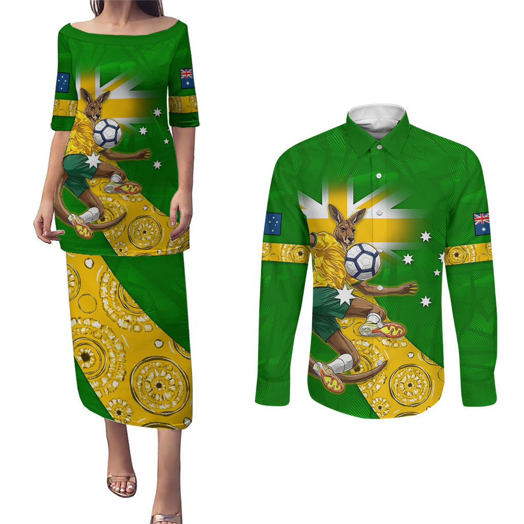 Personalized Australia Soccer Kangaroo Couples Matching Puletasi and Long Sleeve Button Shirt Aussie Football Mascot Dynamic Sports Graphic