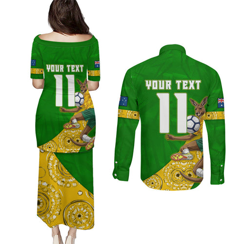 Personalized Australia Soccer Kangaroo Couples Matching Puletasi and Long Sleeve Button Shirt Aussie Football Mascot Dynamic Sports Graphic