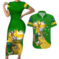 Personalized Australia Soccer Kangaroo Couples Matching Short Sleeve Bodycon Dress and Hawaiian Shirt Aussie Football Mascot Dynamic Sports Graphic