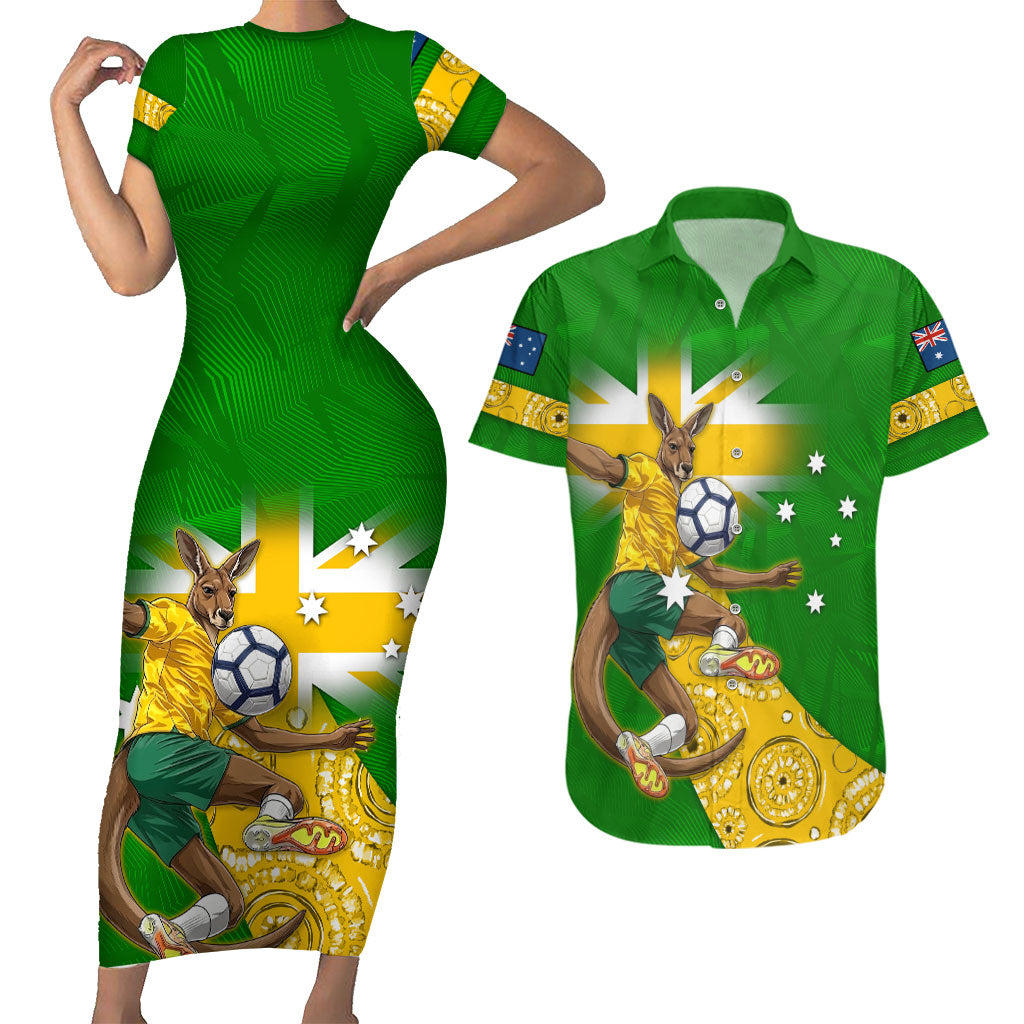 Personalized Australia Soccer Kangaroo Couples Matching Short Sleeve Bodycon Dress and Hawaiian Shirt Aussie Football Mascot Dynamic Sports Graphic