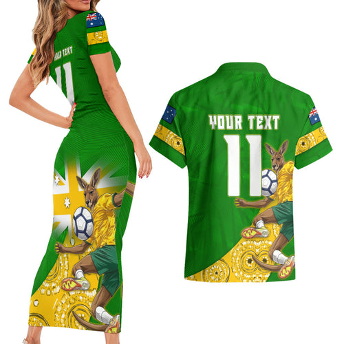 Personalized Australia Soccer Kangaroo Couples Matching Short Sleeve Bodycon Dress and Hawaiian Shirt Aussie Football Mascot Dynamic Sports Graphic