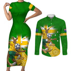 Personalized Australia Soccer Kangaroo Couples Matching Short Sleeve Bodycon Dress and Long Sleeve Button Shirt Aussie Football Mascot Dynamic Sports Graphic