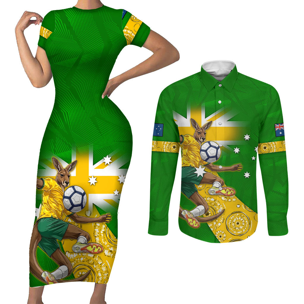 Personalized Australia Soccer Kangaroo Couples Matching Short Sleeve Bodycon Dress and Long Sleeve Button Shirt Aussie Football Mascot Dynamic Sports Graphic