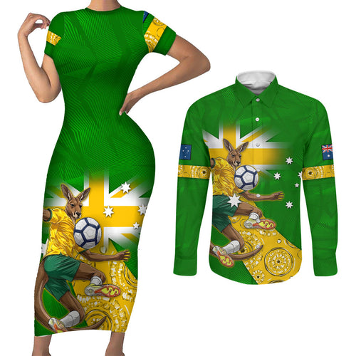 Personalized Australia Soccer Kangaroo Couples Matching Short Sleeve Bodycon Dress and Long Sleeve Button Shirt Aussie Football Mascot Dynamic Sports Graphic