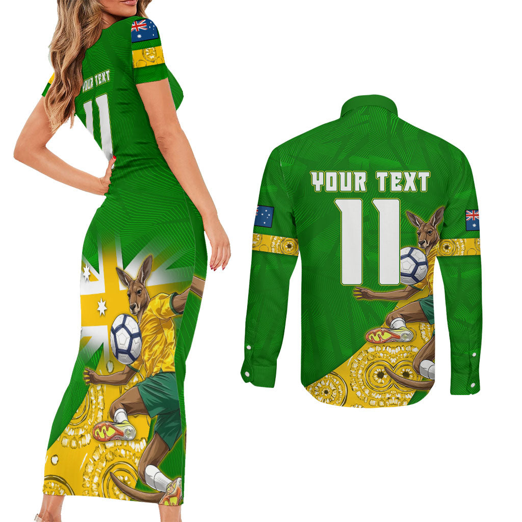 Personalized Australia Soccer Kangaroo Couples Matching Short Sleeve Bodycon Dress and Long Sleeve Button Shirt Aussie Football Mascot Dynamic Sports Graphic