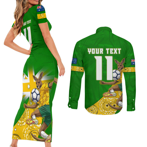 Personalized Australia Soccer Kangaroo Couples Matching Short Sleeve Bodycon Dress and Long Sleeve Button Shirt Aussie Football Mascot Dynamic Sports Graphic