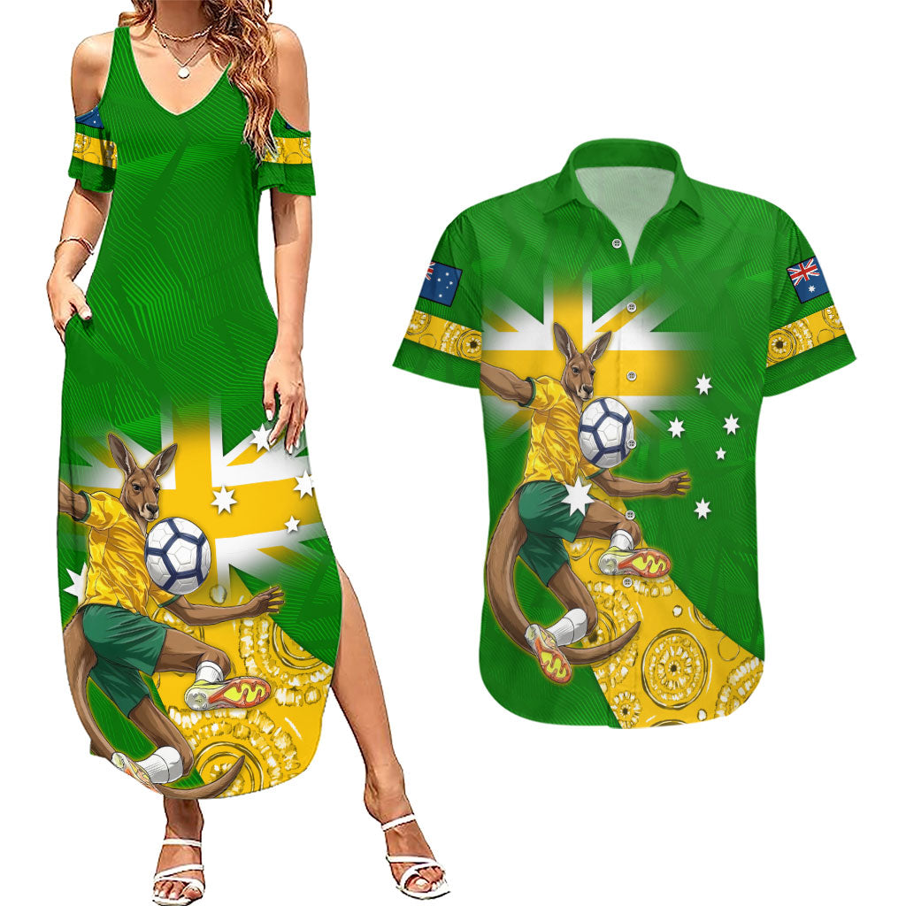 Personalized Australia Soccer Kangaroo Couples Matching Summer Maxi Dress and Hawaiian Shirt Aussie Football Mascot Dynamic Sports Graphic