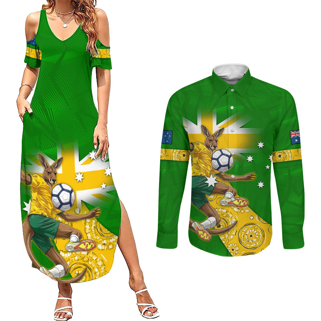 Personalized Australia Soccer Kangaroo Couples Matching Summer Maxi Dress and Long Sleeve Button Shirt Aussie Football Mascot Dynamic Sports Graphic