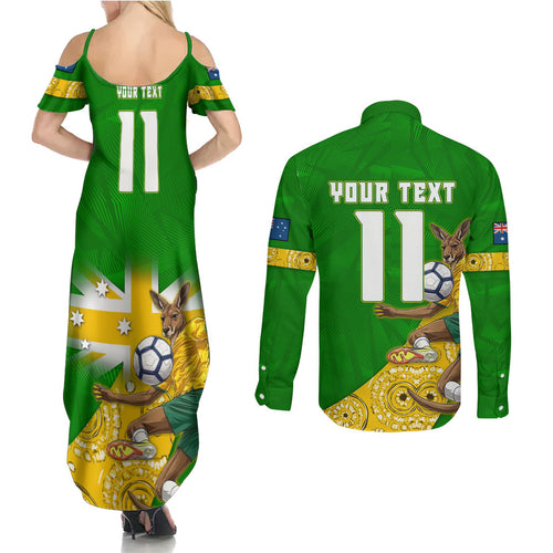 Personalized Australia Soccer Kangaroo Couples Matching Summer Maxi Dress and Long Sleeve Button Shirt Aussie Football Mascot Dynamic Sports Graphic