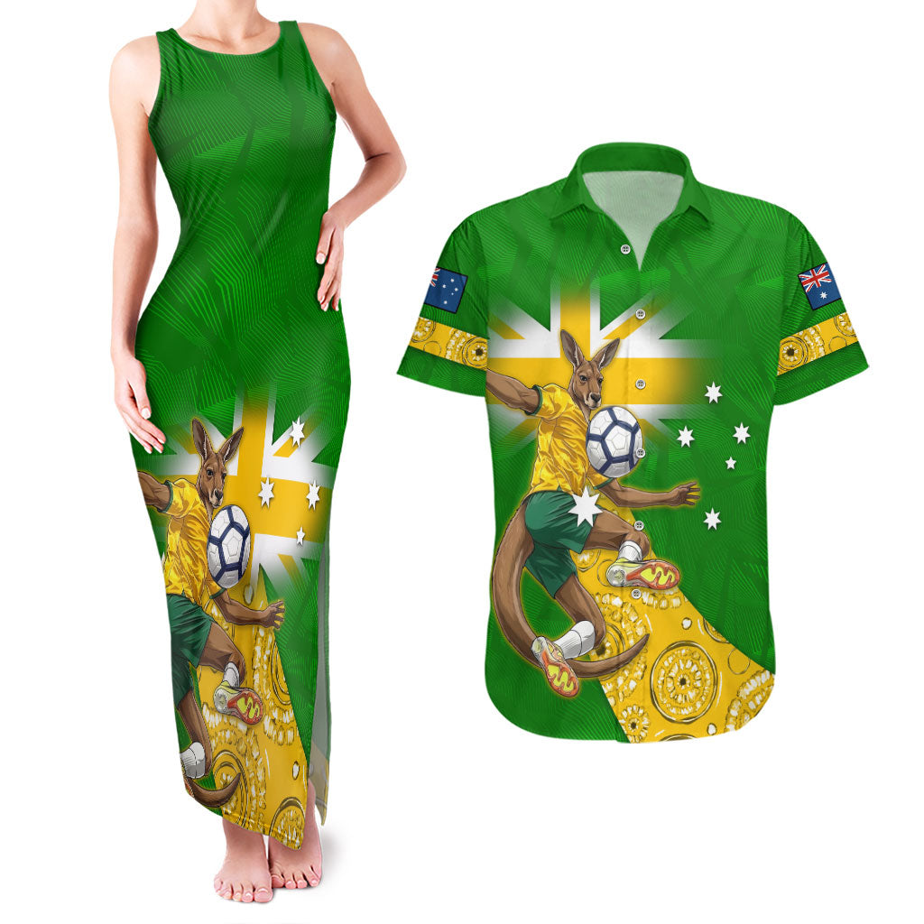 Personalized Australia Soccer Kangaroo Couples Matching Tank Maxi Dress and Hawaiian Shirt Aussie Football Mascot Dynamic Sports Graphic