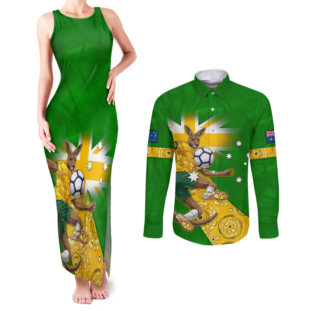 Personalized Australia Soccer Kangaroo Couples Matching Tank Maxi Dress and Long Sleeve Button Shirt Aussie Football Mascot Dynamic Sports Graphic
