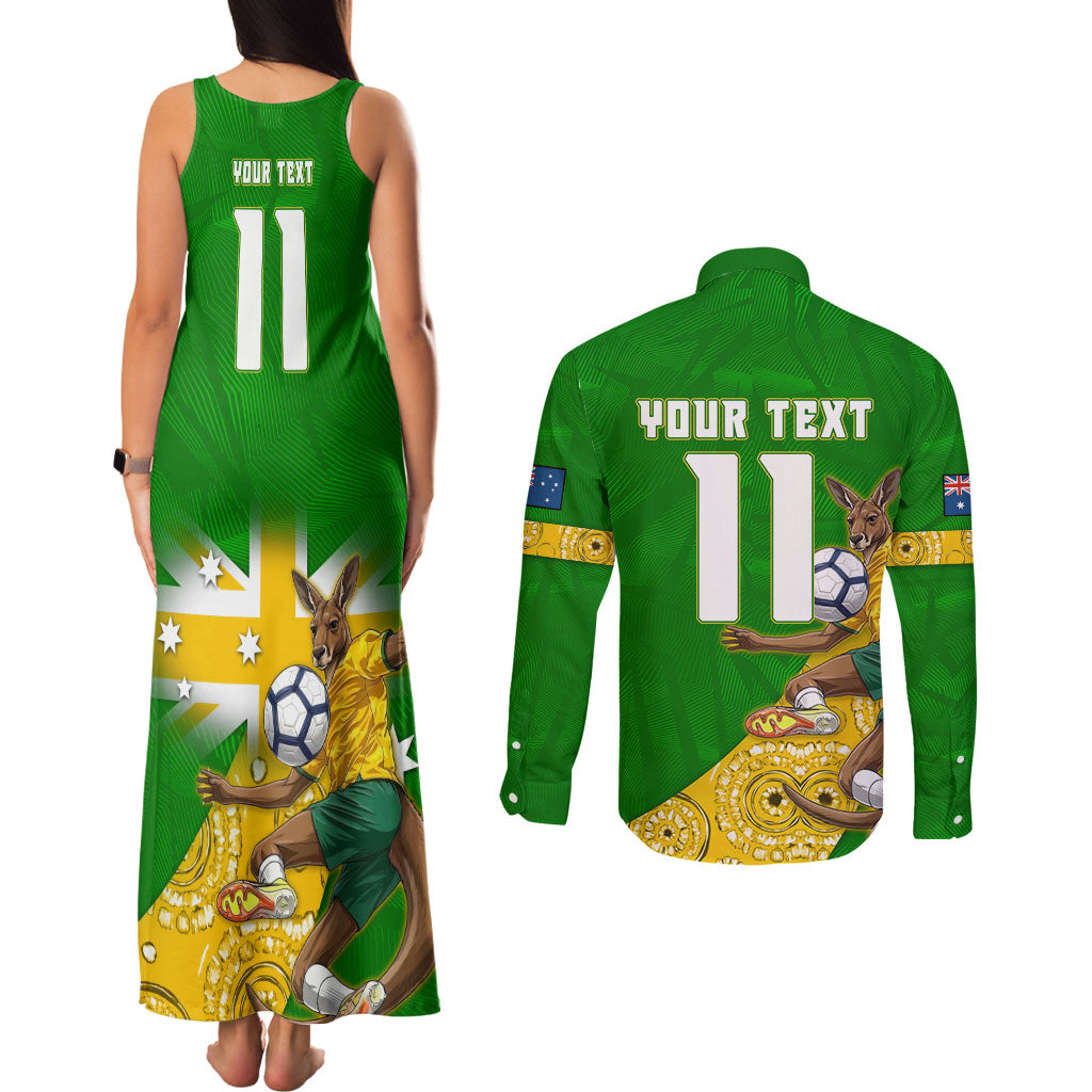 Personalized Australia Soccer Kangaroo Couples Matching Tank Maxi Dress and Long Sleeve Button Shirt Aussie Football Mascot Dynamic Sports Graphic