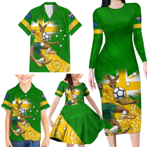 Personalized Australia Soccer Kangaroo Family Matching Long Sleeve Bodycon Dress and Hawaiian Shirt Aussie Football Mascot Dynamic Sports Graphic