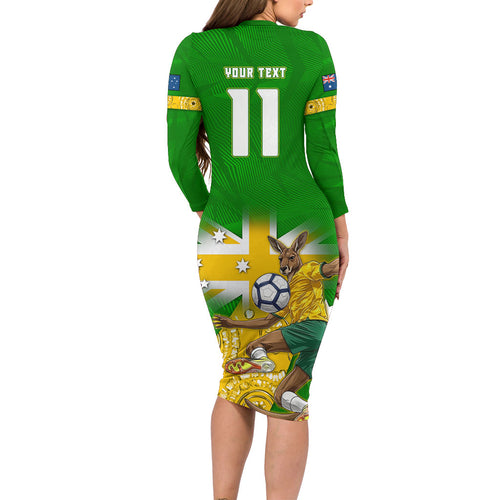 Personalized Australia Soccer Kangaroo Family Matching Long Sleeve Bodycon Dress and Hawaiian Shirt Aussie Football Mascot Dynamic Sports Graphic