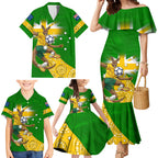 Personalized Australia Soccer Kangaroo Family Matching Mermaid Dress and Hawaiian Shirt Aussie Football Mascot Dynamic Sports Graphic