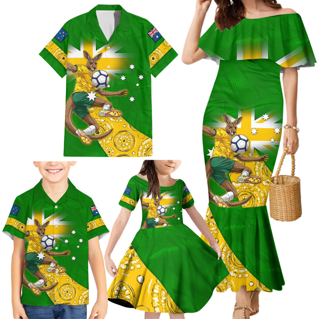 Personalized Australia Soccer Kangaroo Family Matching Mermaid Dress and Hawaiian Shirt Aussie Football Mascot Dynamic Sports Graphic