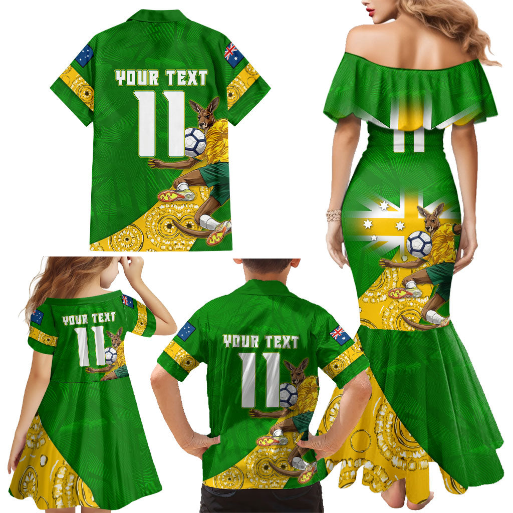 Personalized Australia Soccer Kangaroo Family Matching Mermaid Dress and Hawaiian Shirt Aussie Football Mascot Dynamic Sports Graphic
