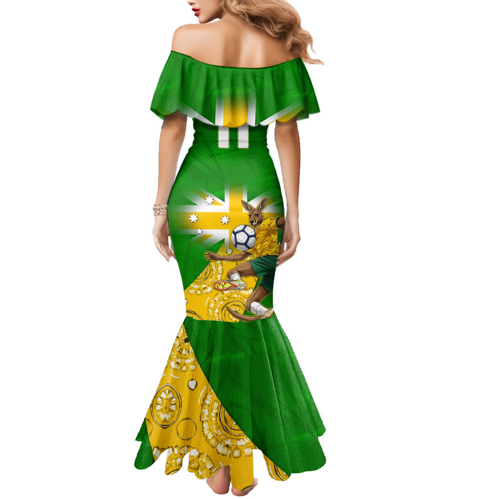 Personalized Australia Soccer Kangaroo Family Matching Mermaid Dress and Hawaiian Shirt Aussie Football Mascot Dynamic Sports Graphic