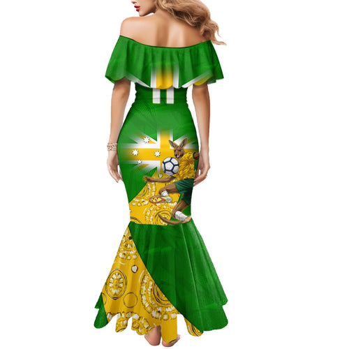 Personalized Australia Soccer Kangaroo Family Matching Mermaid Dress and Hawaiian Shirt Aussie Football Mascot Dynamic Sports Graphic