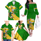 Personalized Australia Soccer Kangaroo Family Matching Off The Shoulder Long Sleeve Dress and Hawaiian Shirt Aussie Football Mascot Dynamic Sports Graphic