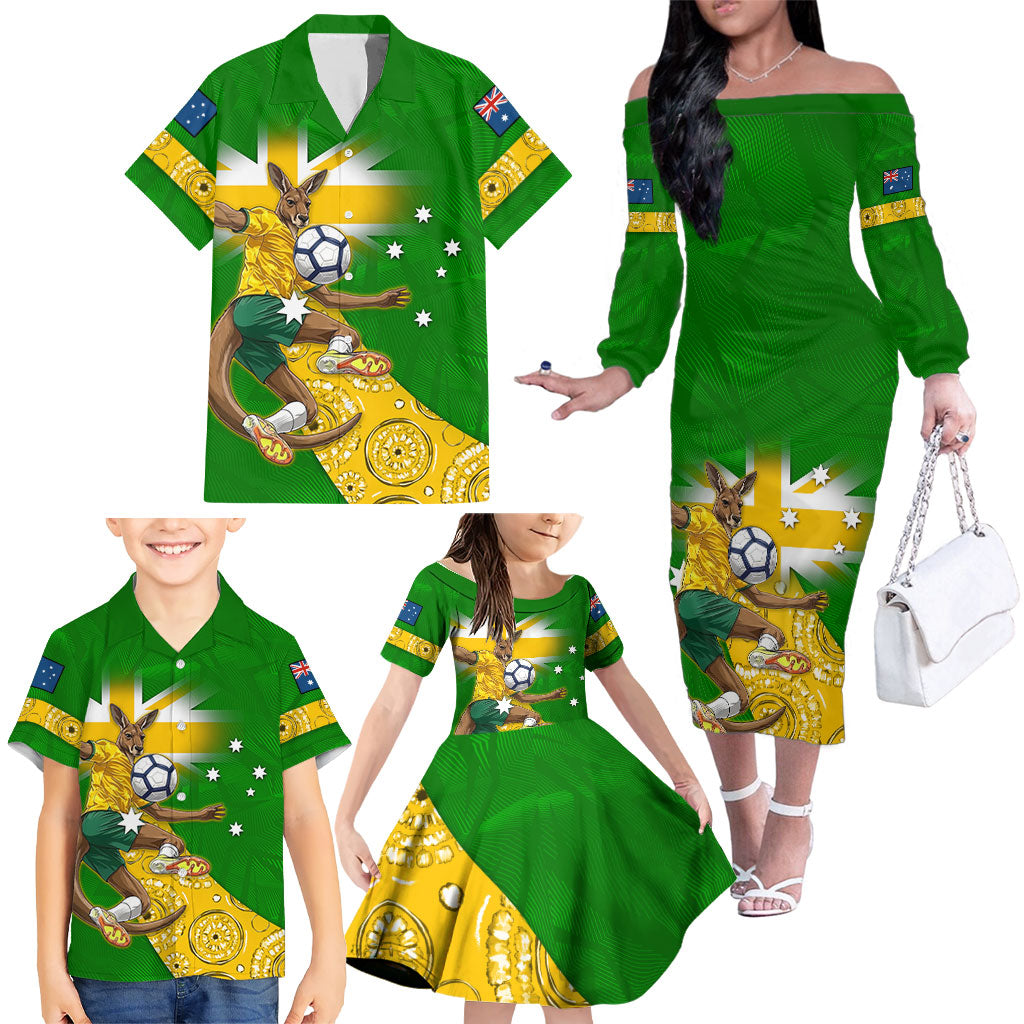 Personalized Australia Soccer Kangaroo Family Matching Off The Shoulder Long Sleeve Dress and Hawaiian Shirt Aussie Football Mascot Dynamic Sports Graphic