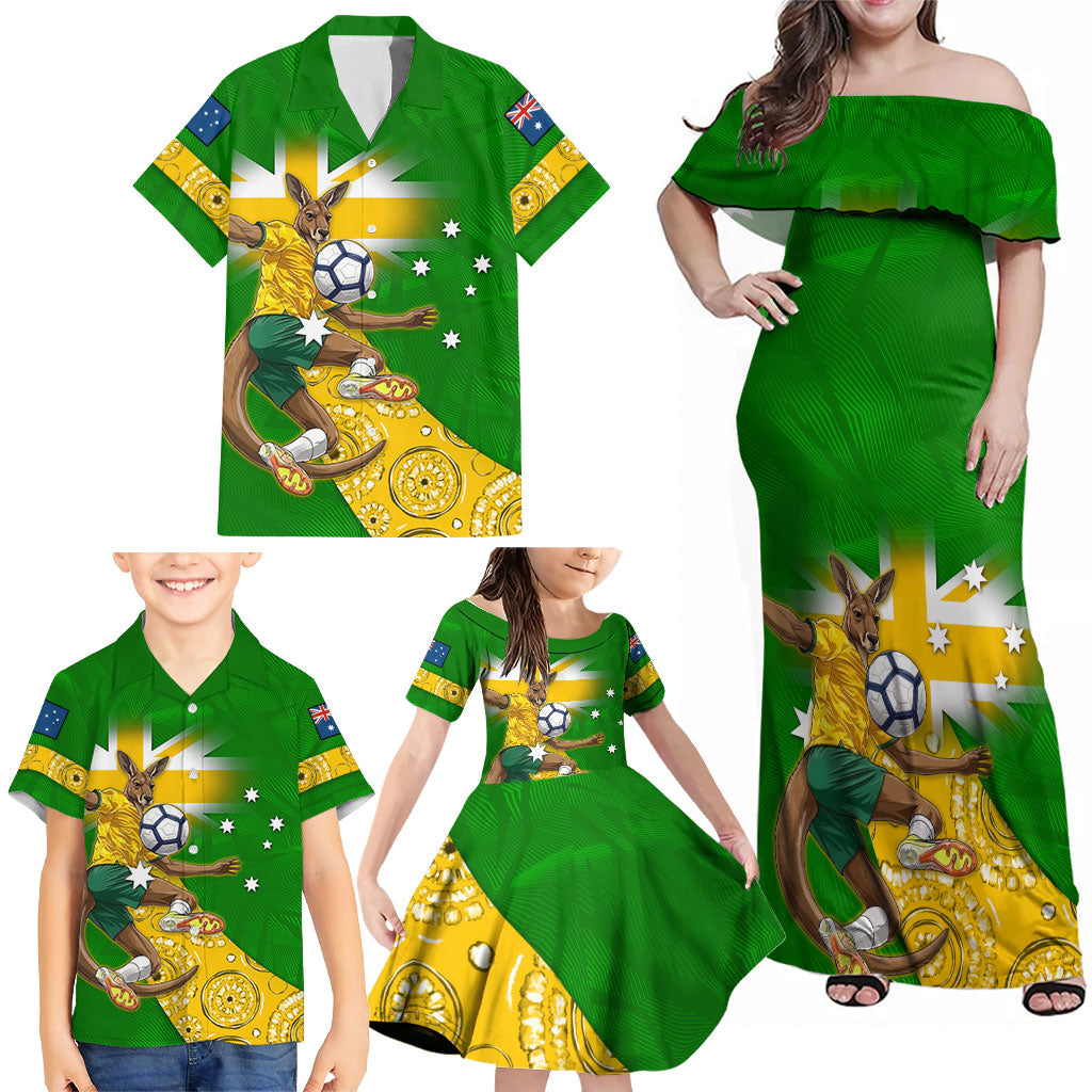 Personalized Australia Soccer Kangaroo Family Matching Off Shoulder Maxi Dress and Hawaiian Shirt Aussie Football Mascot Dynamic Sports Graphic