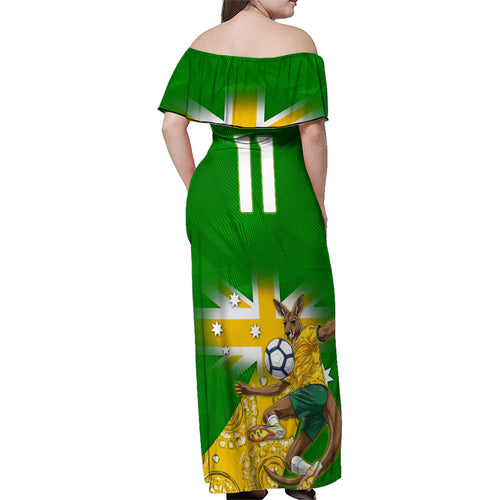 Personalized Australia Soccer Kangaroo Family Matching Off Shoulder Maxi Dress and Hawaiian Shirt Aussie Football Mascot Dynamic Sports Graphic