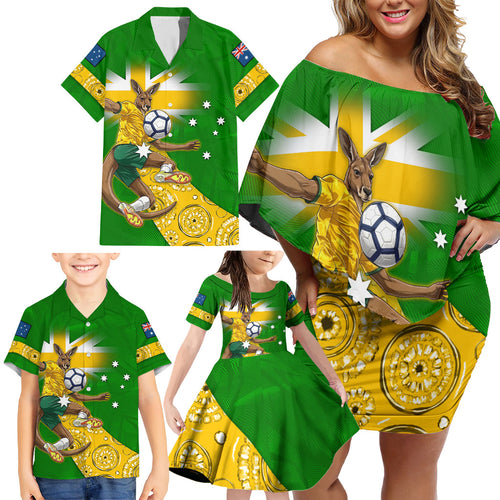 Personalized Australia Soccer Kangaroo Family Matching Off Shoulder Short Dress and Hawaiian Shirt Aussie Football Mascot Dynamic Sports Graphic