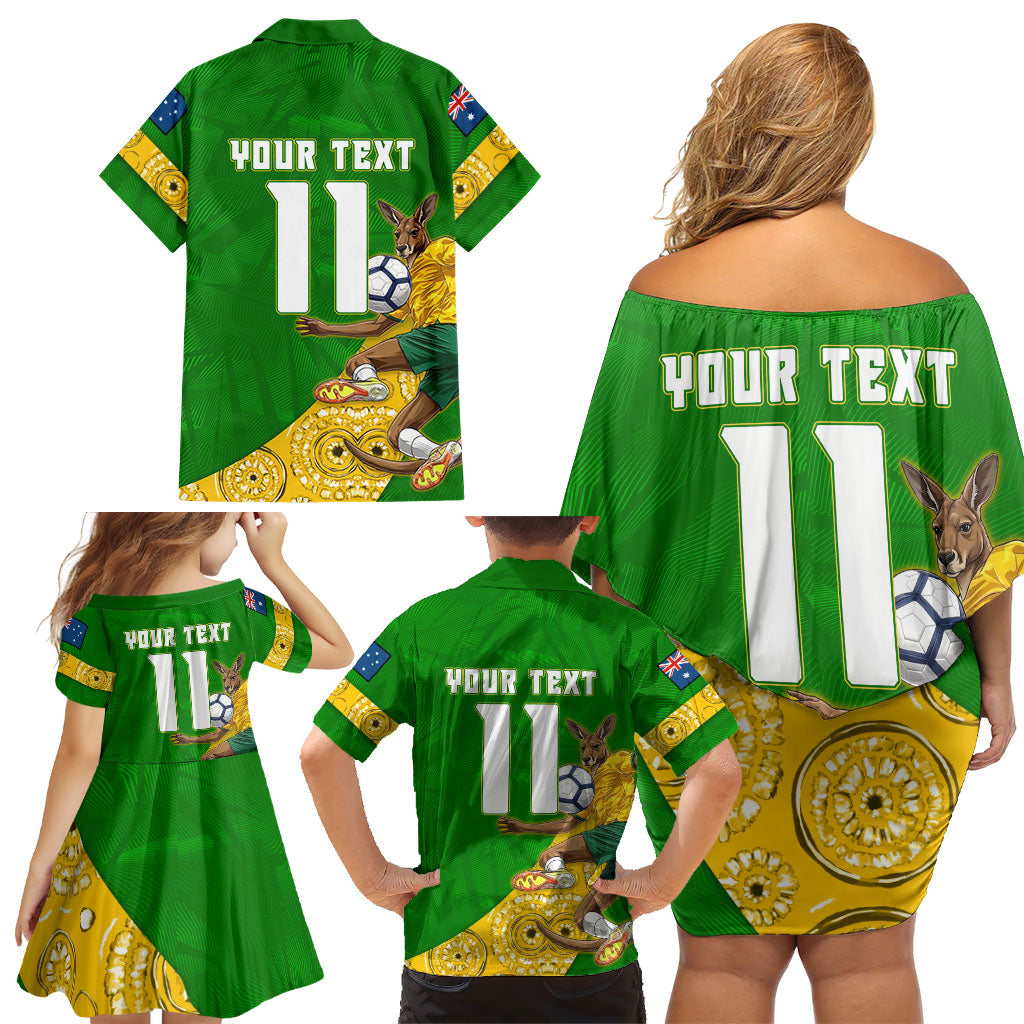Personalized Australia Soccer Kangaroo Family Matching Off Shoulder Short Dress and Hawaiian Shirt Aussie Football Mascot Dynamic Sports Graphic