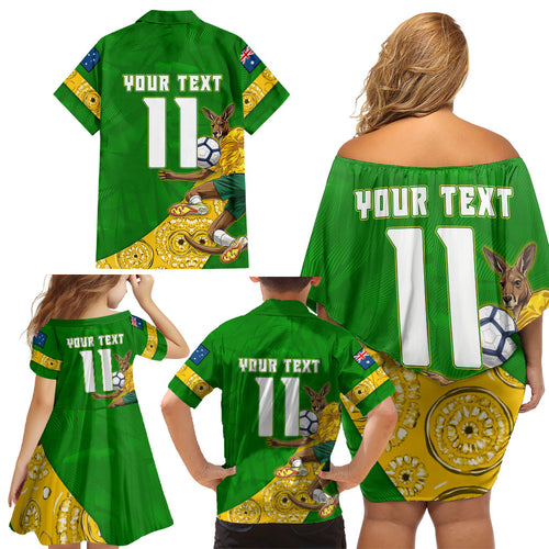Personalized Australia Soccer Kangaroo Family Matching Off Shoulder Short Dress and Hawaiian Shirt Aussie Football Mascot Dynamic Sports Graphic