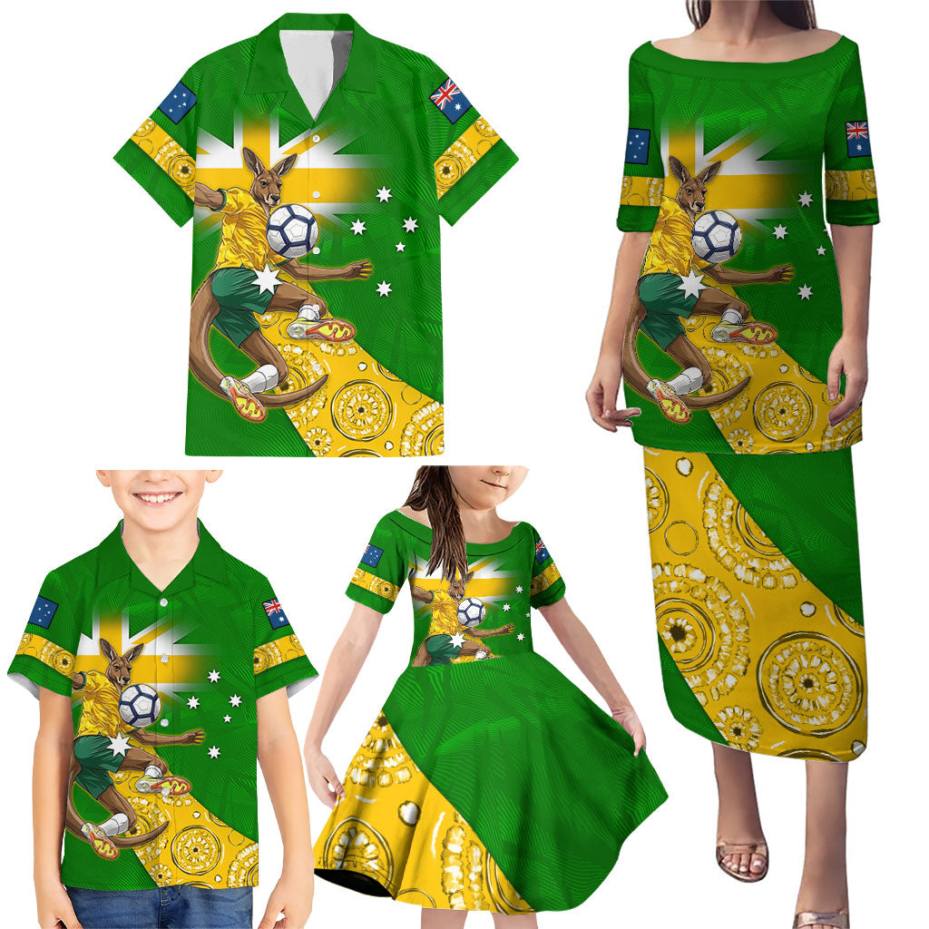 Personalized Australia Soccer Kangaroo Family Matching Puletasi and Hawaiian Shirt Aussie Football Mascot Dynamic Sports Graphic