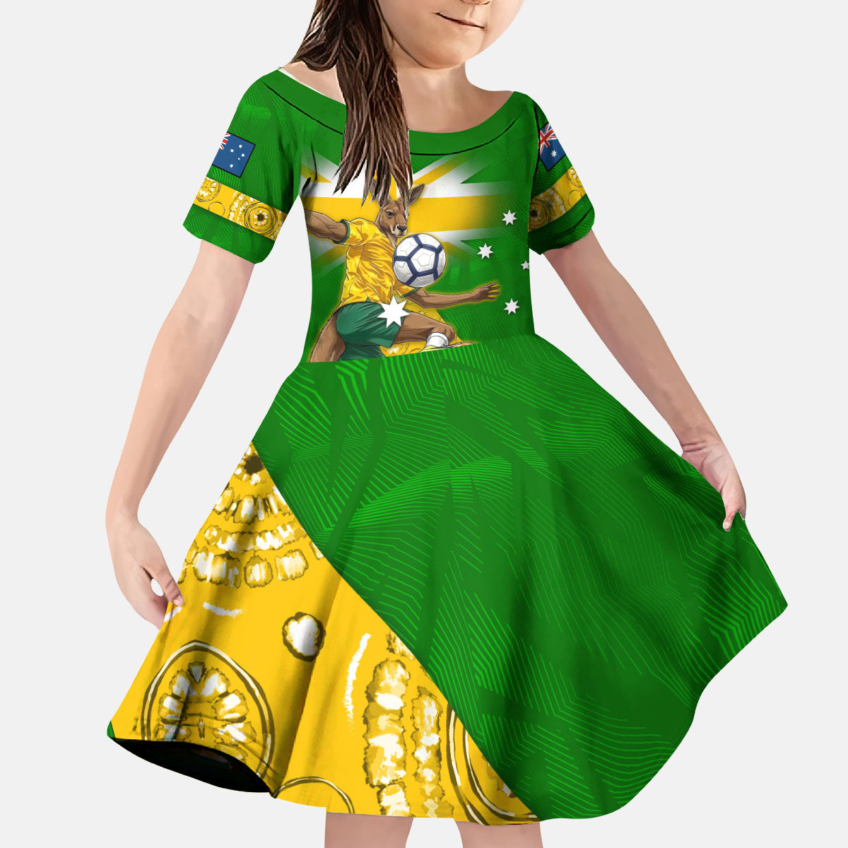 Personalized Australia Soccer Kangaroo Kid Short Sleeve Dress Aussie Football Mascot Dynamic Sports Graphic