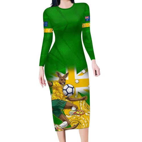 Personalized Australia Soccer Kangaroo Long Sleeve Bodycon Dress Aussie Football Mascot Dynamic Sports Graphic