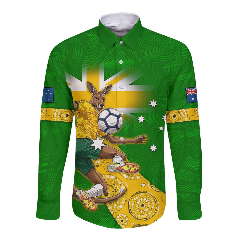 Personalized Australia Soccer Kangaroo Long Sleeve Button Shirt Aussie Football Mascot Dynamic Sports Graphic