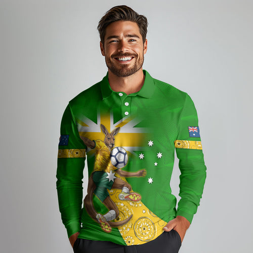 Personalized Australia Soccer Kangaroo Long Sleeve Polo Shirt Aussie Football Mascot Dynamic Sports Graphic