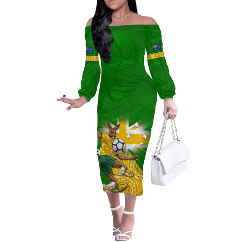 Personalized Australia Soccer Kangaroo Off The Shoulder Long Sleeve Dress Aussie Football Mascot Dynamic Sports Graphic