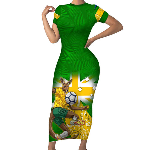 Personalized Australia Soccer Kangaroo Short Sleeve Bodycon Dress Aussie Football Mascot Dynamic Sports Graphic
