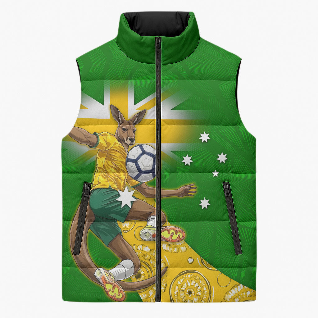 Personalized Australia Soccer Kangaroo Sleeveless Puffer Jacket Aussie Football Mascot Dynamic Sports Graphic