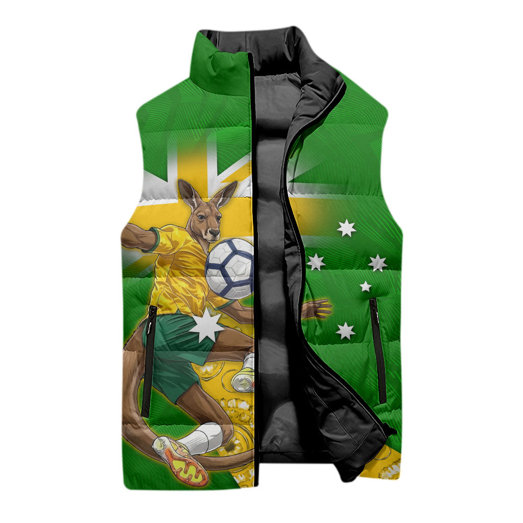 Personalized Australia Soccer Kangaroo Sleeveless Puffer Jacket Aussie Football Mascot Dynamic Sports Graphic