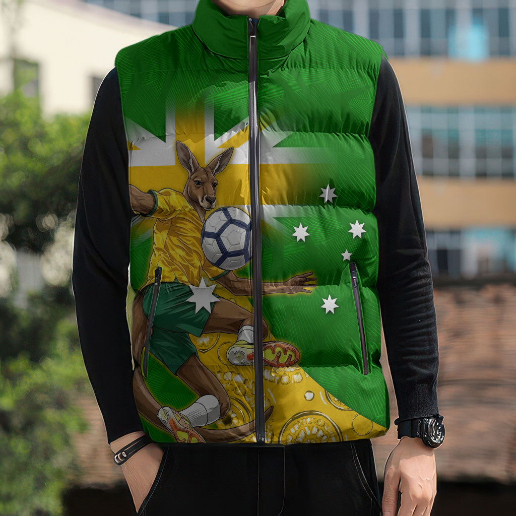 Personalized Australia Soccer Kangaroo Sleeveless Puffer Jacket Aussie Football Mascot Dynamic Sports Graphic