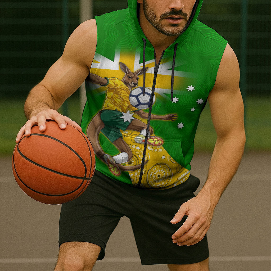 Personalized Australia Soccer Kangaroo Sleeveless Zip Hoodie Aussie Football Mascot Dynamic Sports Graphic