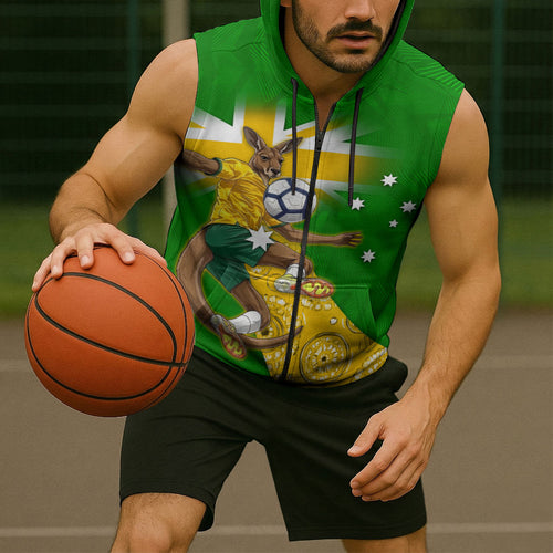 Personalized Australia Soccer Kangaroo Sleeveless Zip Hoodie Aussie Football Mascot Dynamic Sports Graphic