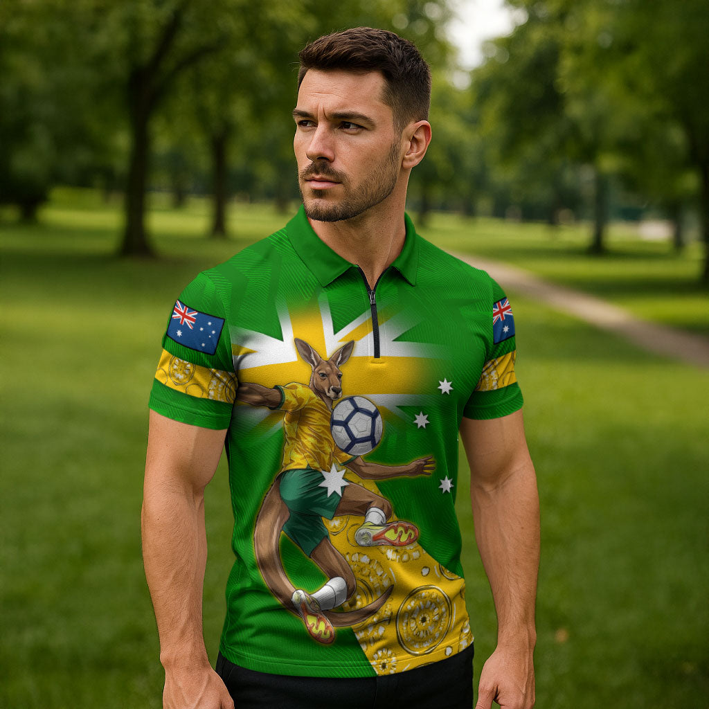 Personalized Australia Soccer Kangaroo Zipper Polo Shirt Aussie Football Mascot Dynamic Sports Graphic