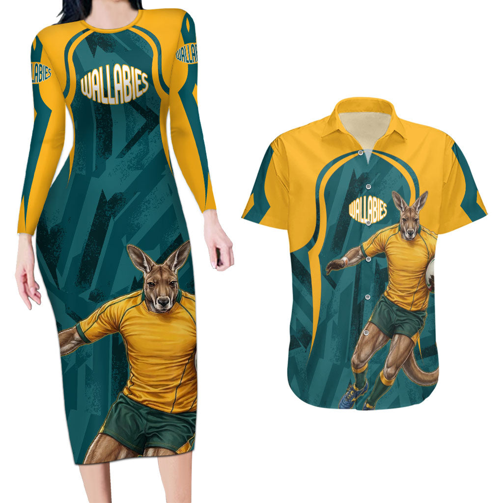 Personalized Wallabies Rugby Couples Matching Long Sleeve Bodycon Dress and Hawaiian Shirt Australian Wallaby Kangaroo Team Graphic