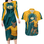 Personalized Wallabies Rugby Couples Matching Long Sleeve Bodycon Dress and Hawaiian Shirt Australian Wallaby Kangaroo Team Graphic