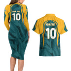 Personalized Wallabies Rugby Couples Matching Long Sleeve Bodycon Dress and Hawaiian Shirt Australian Wallaby Kangaroo Team Graphic